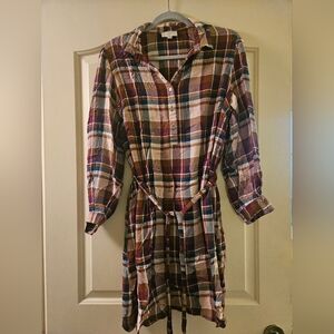 LOFT Plaid Long Sleeve Dress with Belt